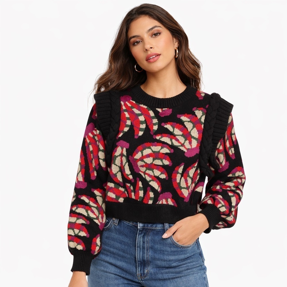 Farm Rio Banana Dots Knit Sweater Cropped Ruffle Shoulder Puff Sleeve Black Sz M